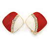 Red/ White Enamel Crystal Square Clip On Earrings In Gold Plating - 20mm