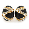 Oval Black Enamel, Clear Crystal Clip On Earrings In Gold Plating - 20mm L