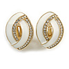 White Enamel Clear Crystal Oval Clip On Earrings In Gold Plaiting - 23mm L
