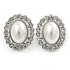 Bridal White Glass Pearl, Clear Crystal Oval Stud Earrings In Rhodium Plated Metal - 22mm L