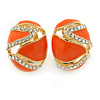 Oval Orange Enamel, Clear Crystal Clip On Earrings In Gold Plating - 20mm L