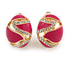 Oval Magenta Pink Enamel, Clear Crystal Clip On Earrings In Gold Plating - 20mm L