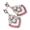 Lavender/ Pink Acrylic Bead, Clear Crystal Chandelier Earrings In Silver Tone - 60mm L