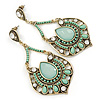 Vintage Inspired Light Green Acrylic Bead, Clear Crystal Chandelier Earrings In Gold Tone - 80mm L