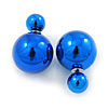 Mirrored Blue Acrylic 7-15mm Double Ball Stud Earrings In Silver Tone Metal