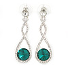 Bridal/ Prom/ Wedding Emerald Green/ Clear Austrian Crystal Infinity Drop Earrings In Rhodium Plating - 50mm L