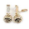 Gold Tone Wire Ball with Black Crystal Clip On Earrings - 35mm L