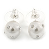 9mm White Faux Pearl with Clear Crystal Stud Earrings In Silver Tone