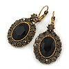 Vintage Inspired Oval Black/ Grey Crystal Drop Earrings with Leverback Closure In Antique Gold Tone - 42mm L