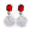 Light Silver Tone Wire Ball with Red Acrylic Bead Drop Earrings - 35mm L
