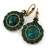 Vintage Inspired Round Cut Emerald Green Glass Stone Drop Earrings With Leverback Closure In Antique Gold Metal - 40mm L