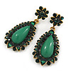 Apple Green Resin Stone, Dark Green Crystal Teardrop Earrings In Gold Tone - 45mm L