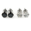 5mm Set of 2 Clear and Black Cz Round Cut Stud Earrings In Rhodium Plating