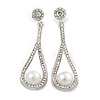 Clear Crystal White Glass Pearl Teardrop Earrings In Silver Tone Metal - 55mm L