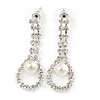 Bridal/ Prom/ Wedding Clear Crystal Pearl Teardop Earrings In Silver Plating - 40mm L