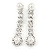 Clear Crystal, Pearl Style Bead Teardrop Clip On Earrings In Silver Tone - 45mm L