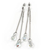 Long Silver Tone AB Crystal Bar Drop Earrings - 75mm L