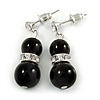 9mm Black Ceramic Bead With Crystal Ring Drop Earrings In Silver Tone - 30mm