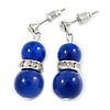 9mm Royal Blue Ceramic Bead With Crystal Ring Drop Earrings In Silver Tone - 30mm