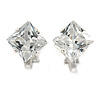 8mm Clear Cz Square Clip On Earrings In Rhodium Plating