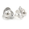 Silver Tone Crystal, Faux Glass Pearl 3 Petal Flower Clip On Earrings - 20mm