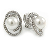 Oval Clear Crystal, White Faux Pearl Clip On Earrings In Silver Tone - 18mm