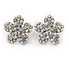 Clear Crystal, Faux Pearl Flower Stud Earrings In Silver Tone - 25mm Diameter