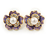 Purple Enamel, Clear Crystal Faux Glass Pearl Flower Stud Earrings In Gold Tone Metal - 20mm D