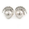 Bridal/ Prom/ Wedding Faux Glass Pearl, Crystal Fancy Stud Earrings In Silver Tone Metal - 20mm L