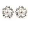 20mm Clear Crystal White Simulated Glass Pearl Flower Stud Earrings In Silver Tone Metal