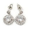 Small Round Clear Cz Drop Earrings In Rhodium Plating - 17mm L