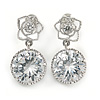 Stunning Round Cut Clear CZ Floral Drop Earrings In Rhodium Plated Alloy - 20mm L