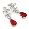 Delicate Clear/ Ruby Red Cz Teardrop Earrings In Rhodium Plated Alloy - 35mm L