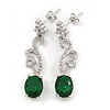 Delicate Clear/ Emerald Green Cz Oval Drop Earrings In Rhodium Plated Alloy - 35mm L