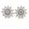 Stunning Clear CZ Floral Stud Earrings In Rhodium Plating - 25mm D
