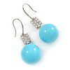 Light Blue Ceramic Bead Clear CZ Drop Earrings 925 Sterling Silver - 40mm L