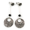 Long Vintage Inspired Textured Disk Metal Bar Clip On Earrings In Aged Silver Tone - 80mm L