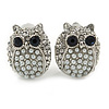 Silver Tone Crystal Faux Pearl Owl Stud Clip On Earrings - 20mm L