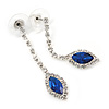 Sapphire Blue/ Clear Crystal Teardrop Earrings In Silver Tone - 45mm L