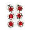 Delicate Red/ Clear Floral Drop Earrings In Silver Tone - 35mm L