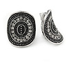 Vintage Inspired Oval Concave Crystal Stud Clip On Earrings In Aged Silver Tone - 25mm L