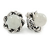 Antique Silver Tone Milky White Glass Bead Floral Clip On Earrings - 20mm D