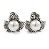Vintage Inspired Maple Leaf with Simulated Pearl Bead Clip On Earrings In Silver Tone - 20mm L