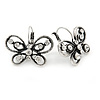 Vintage Inspired Crystal Open Butterfly Drop Earrings In Aged Silver Tone Leverback Closure - 20mm L
