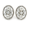 Oval Faux Pearl, Crystal Clip On Earrings In Silver Tone - 20mm L