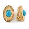 Polished Gold Tone Oval Clear Crystal Simulated Turquoise Stone Clip On Earrings - 25mm L