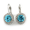 Round Cut Sky Blue Glass/ Clear Crystal Drop Earrings With Leverback Closure In Rhodium Plated Metal - 27mm L