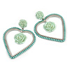 Statement Mint Green Acrylic Open Heart, Rose Drop Earrings In Silver Tone - 70mm L