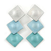 Trendy Pastel Blue Triple Square Drop Earrings In Silver Tone - 50mm L