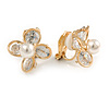 Delicate CZ, Faux Pearl Flower Clip On Earrings In Gold Tone -17mm D